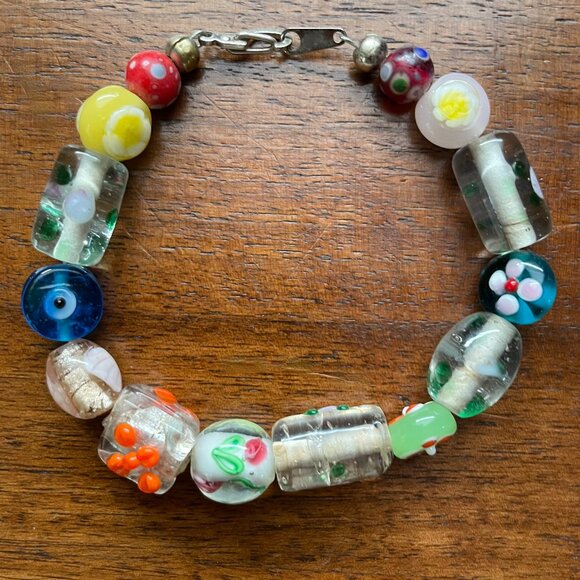 Multicolored Hand Blown Glass Bead Bracelet - Picture 1 of 7
